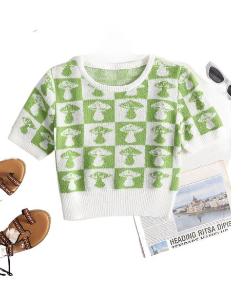 

checkered & mushroom pattern knit z3gs#, White;black