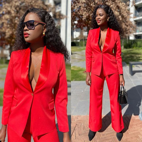 

casual red pants suits two piece set 2022 summer v neck ladies blazer jacket business attire, Black;red