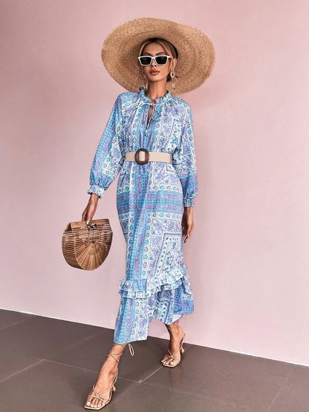 

floral and scarf print tie neck bishop sleeve ruffle hem dress without belt z9um#, Black;gray