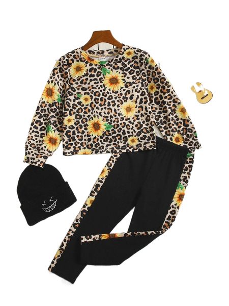 

toddler girls leopard and floral print pullover & pants h7wr#, Black;white