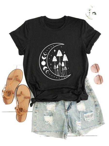 

plus mushroom & moon print tee e734#, Black
