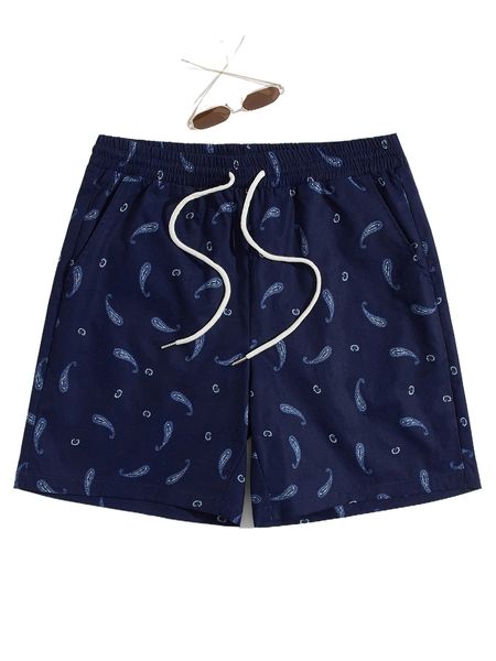 

men paisley print drawstring waist shorts l2bc#, White;black