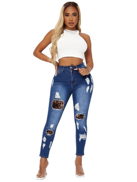 

sxy ripped detail leopard skinny jeans z1ek#, Blue