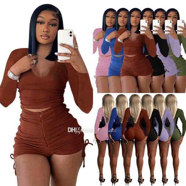 

women clothing solid color pleated bandage tracksuits 2023 spring summer fashion u-neck long sleeve shorts suit, Gray