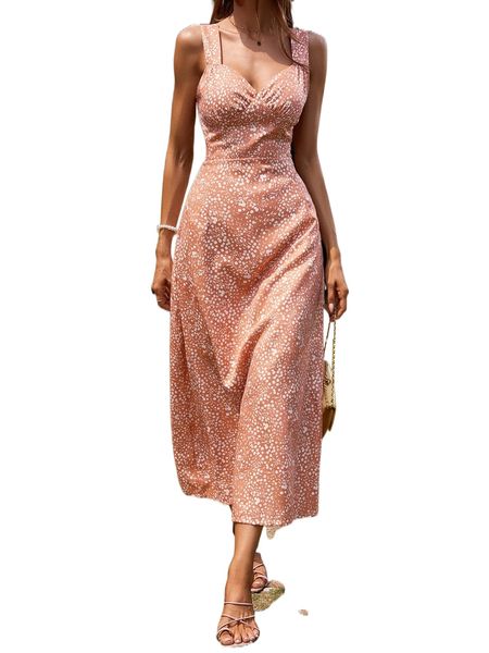 

ditsy floral print ruched sweetheart neck dress x5ms#, Black;gray