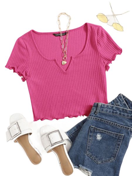 

plus notch neck lettuce edge tee c6ez#, Black