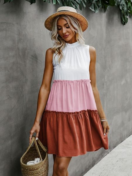 

color block ruched mock neck ruffle hem smock dress p7i5#, Black;gray