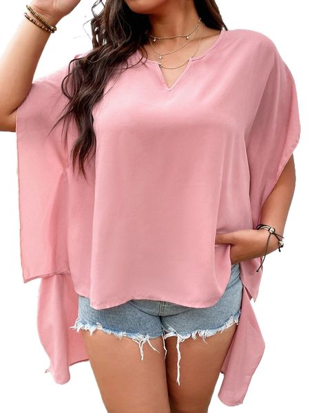 

plus notched neck batwing sleeve high low hem blouse l8yv#, Black