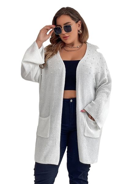 

plus pearl beaded double pocket drop shoulder duster cardigan r47z#, Black