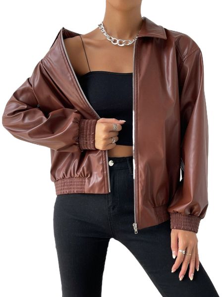 

drop shoulder zipper pu leather jacket h80e#, Black;brown