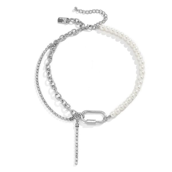 

small design imitation pearl beaded pendant necklaces sense of metal clasp inlaid with diamond splicing all-match star pendant clavicle chai, Silver