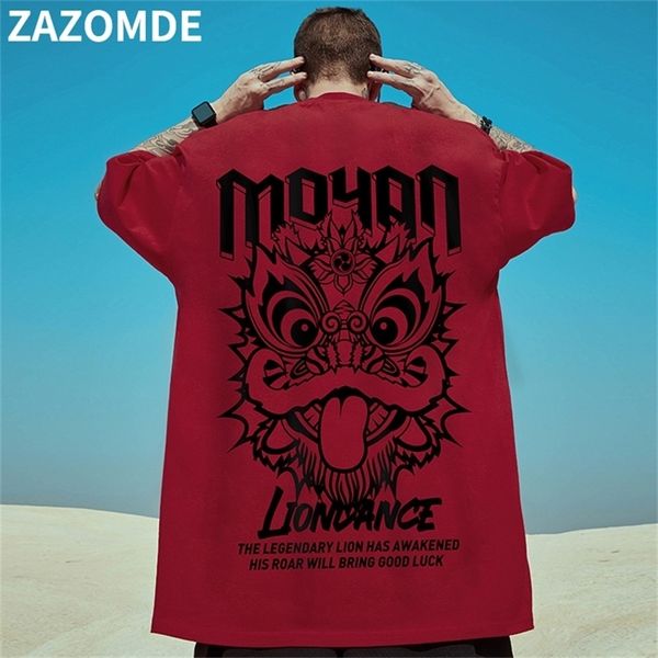 ZAZOMDE Baumwolle Kühlen Übergroßen T Hemd Gothic High Street Hip Hop T-shirt Männer Sommer Harajuku Lose Lion Dance T-shirt Streetwear 220621