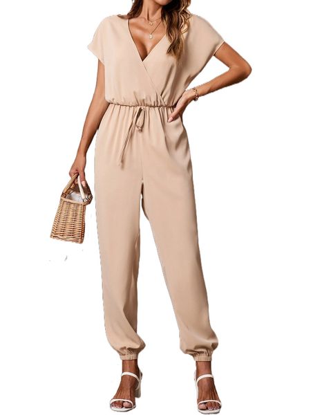 

solid surplice front knot jumpsuit t7sa#, Black;white