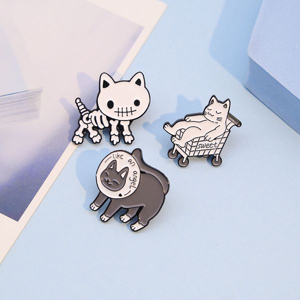 

personality design cat skeleton brooches 3pcs set lazy cat napping on shopping cart enamel badges alloy pin denim shirt jewelry gift bag acc, Gray