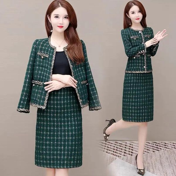 Arbeitskleider Bürodame Vintage Plaid Tweed Set Frauen 2022 Elegante Langarmjacke und gerader Midirock Anzug Sexy Herbst 2 Stück Outfit