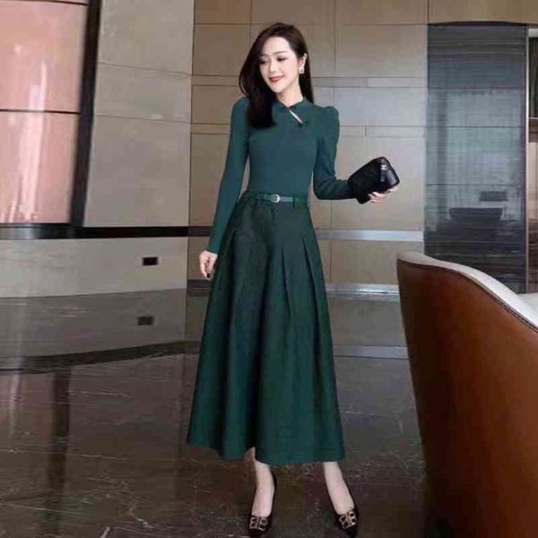 

women's two piece pants autumn women's suit pan buckle stand collar sweater high waist large swing skirt two piece with belt, White