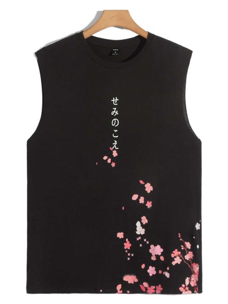

men japanese letter & floral print tank j1m7#, White;black