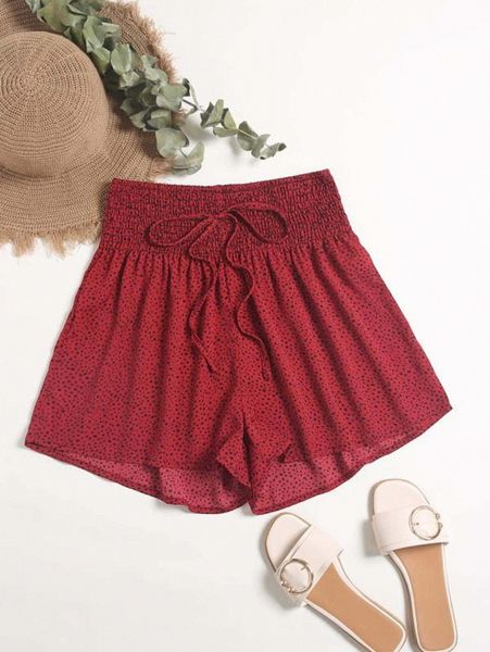 

dalmatian print shirred waist knot front shorts t9dw#, White;black