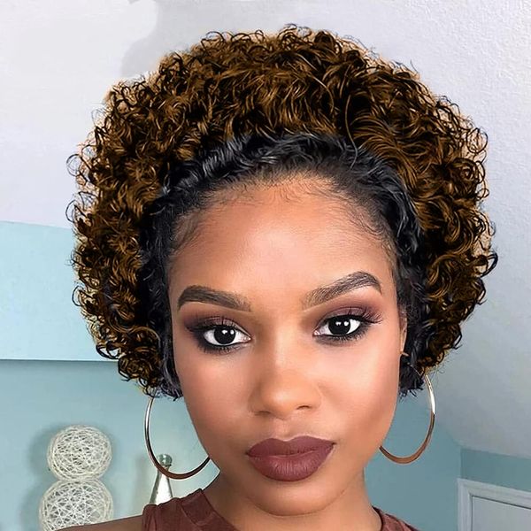 

short pixie cut wig human hair curl 13x1 part lace wigs for women ombre 1b/30 blonde brown deep curly wig, Black;brown
