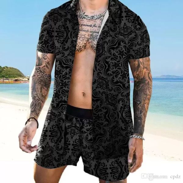 men summer tropical beach tracksuits hawaii day costume harajuku party tropical vacation beachwear short sleeve 2pcs set fashion p8906295, Gray