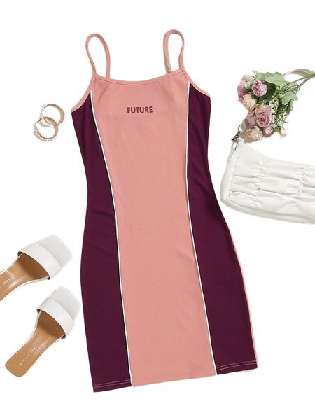 

colorblock & letter graphic cami bodycon dress k6o4#, Black;gray