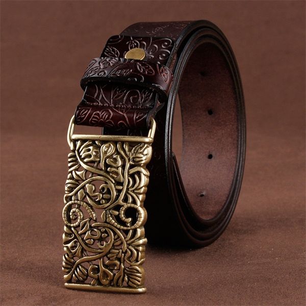 

[lfmb]belt for women waistband cowskin leather lady belt vintage pin buckle hollow flower fashion woman jeans girdle female 220316, Black;brown