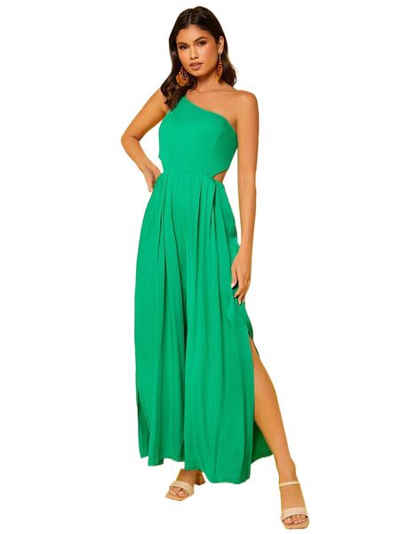 

one shoulder cut out split hem wide leg jumpsuit j5uj#, Black;white