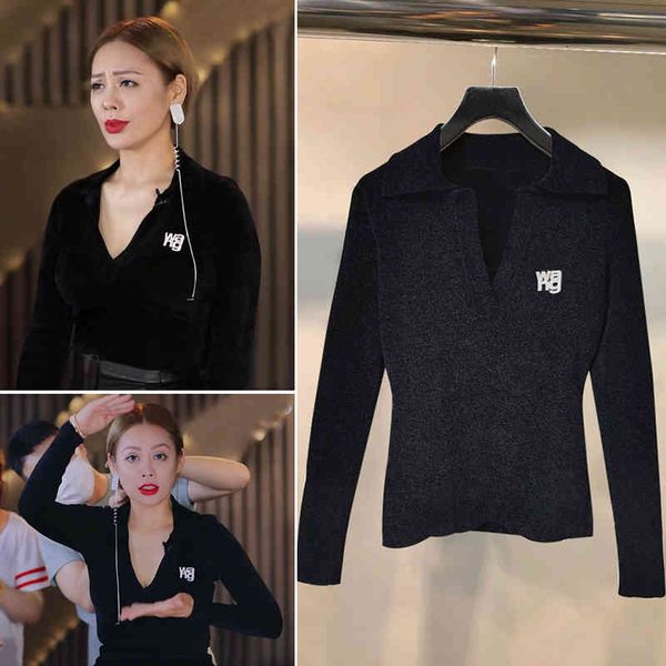 

women's jackets dang family tranquility same polo sweater spring and autumn v-neck letter slim fitting bottomed women's, Black;brown