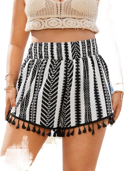 

plus geo print shirred tassel hem shorts z7an#, Black