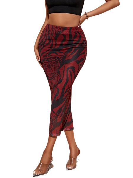 

sxy allover print high waist pencil skirt 66lc#, Black