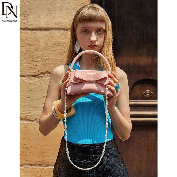 

dn handle bags genuine leather cute women's handbags bow tie design pearl chain crossbody shoulder bag sweet purse 220428
