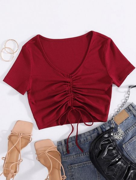 

ruched drawstring front solid tee p3jv#, White