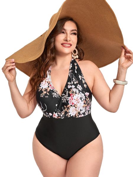 

plus floral print tie backless halter one piece swimsuit x8ca#, White;black