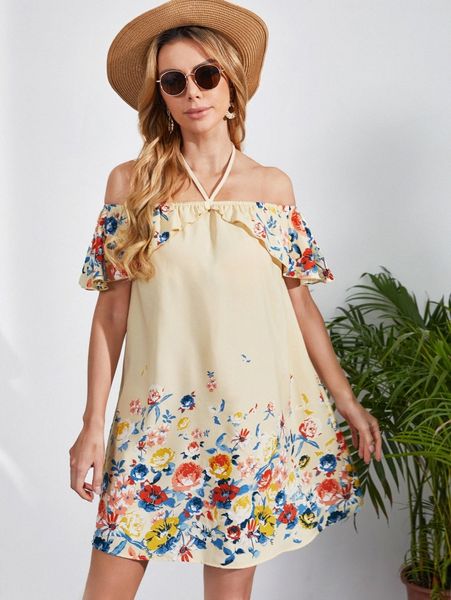 

floral print tie back ruffle trim dress 827y#, Black;gray