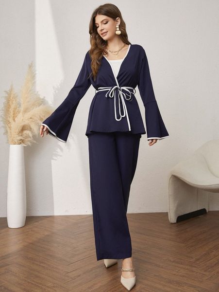 

contrast binding flounce sleeve belted with pants g3ky#, White