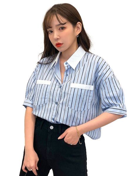 

dazy striped contrast collar drop shoulder blouse v7xp#, White