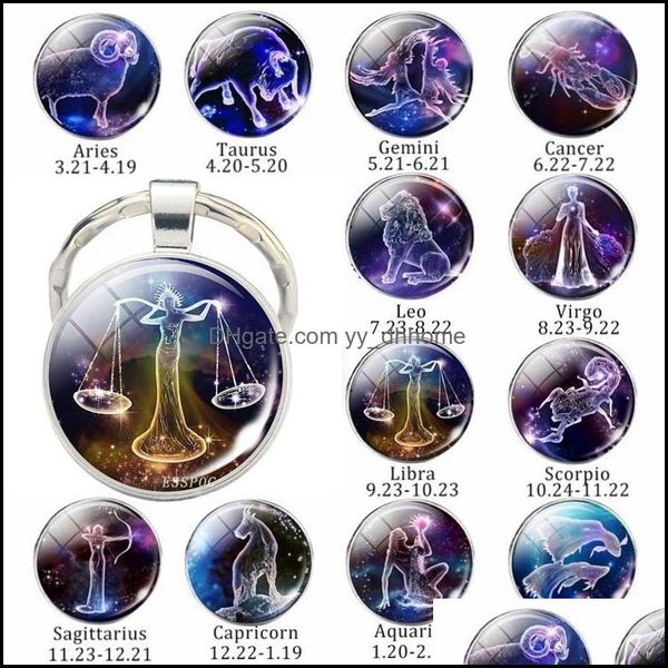 

keychains fashion accessories zodiac keychain 12 signs constellations glass cabochon jewelry birthday gifts to friends men women drop d, Silver