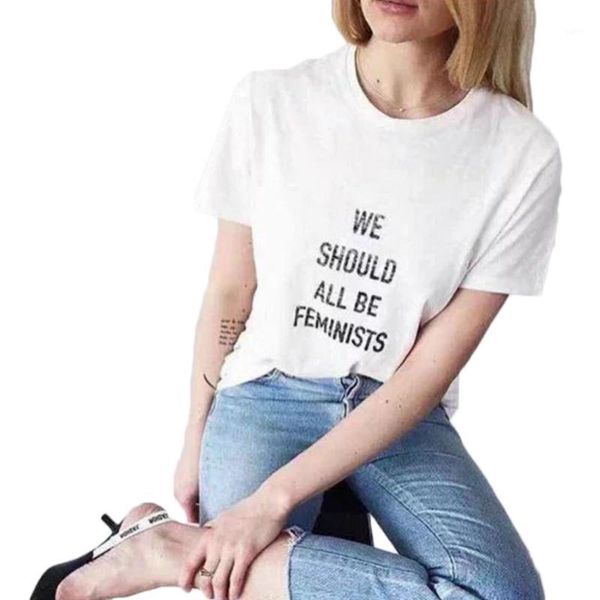 Atacado- devemos todos ser feministas t-shirt mulheres tops de algodão branco casual camisetas senhoras soltas T-shirt Plus Size Moda Verão 2022