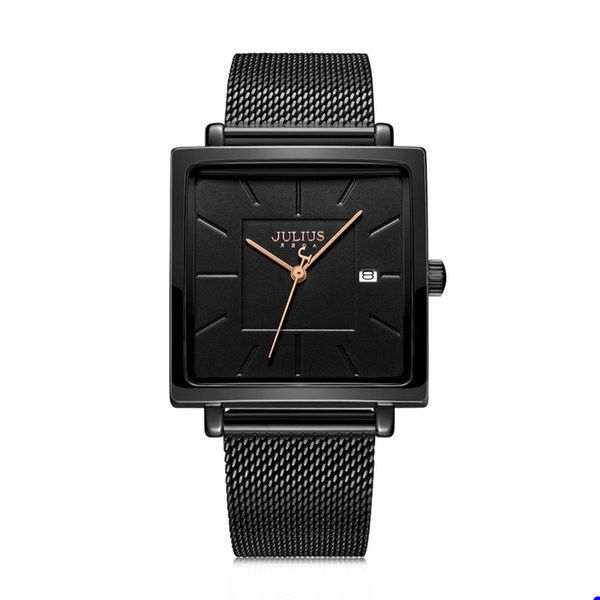2022 Julius nova banda de malha de aço inoxidável Banda de negócios feminino Relógio quadrado SquaLlish Quartz Wristwatch 30m Waterproof Watches H3