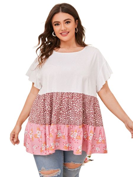 

plus colorblock floral print ruffle hem peplum r7vu#, Black