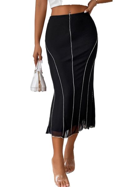 

contrast titching mermaid skirt q31e#, Black
