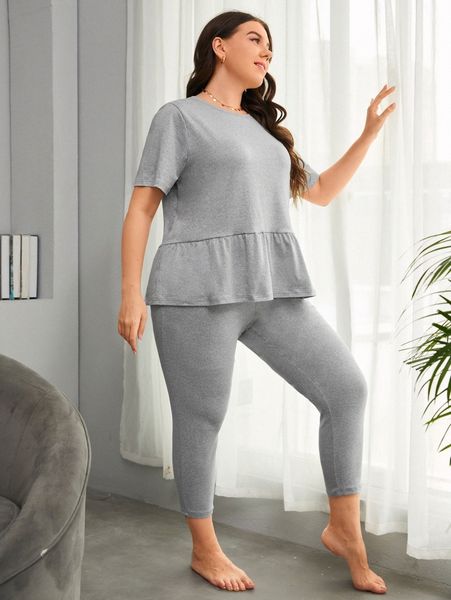 

plus solid ruffle hem tee & leggings pj set g2ar#, Black;white