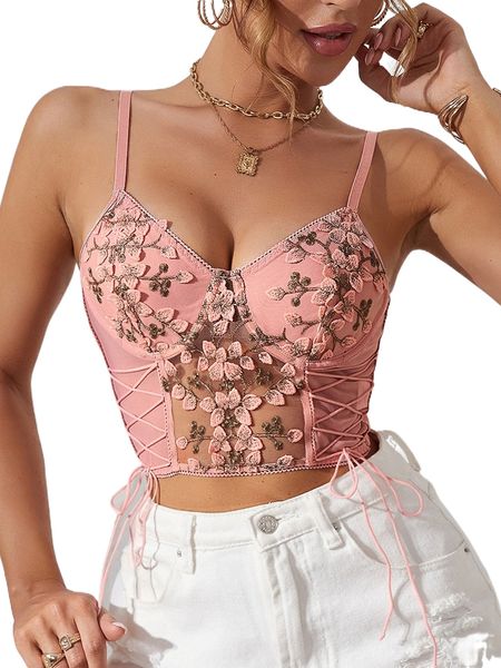 

appliques lace up front contrast lace crop cami g5xi#, White