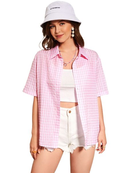 

gingham textured button front blouse 95zb#, White
