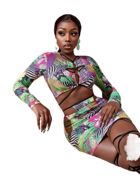 

sxy lace up front crop and tie back bodycon skirt 95pc#, White