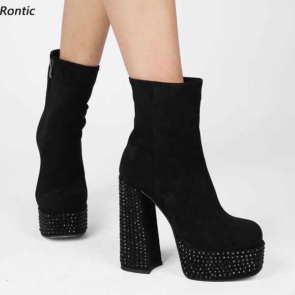 Rontic 2022 Moda Mulheres Ankle Botas à Prova D 'Água Sexy Rhinestone Chunky Heels Quadrado Toe Elegante Party Party Sapatos Tamanho 4-13