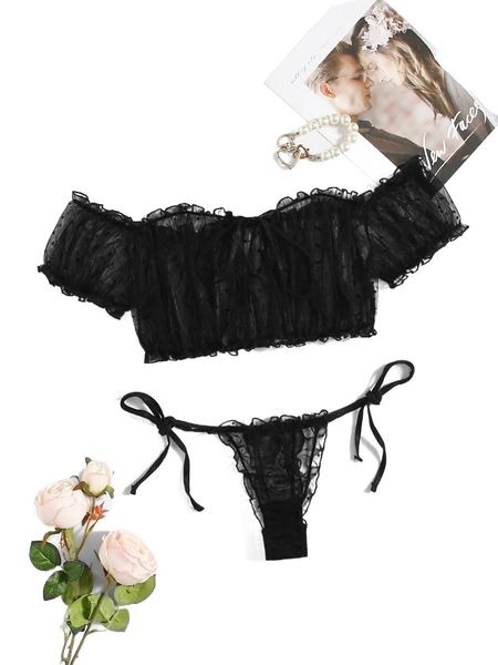 

mesh lettuce trim lingerie set n4lp#, Black;red