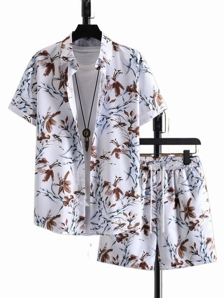

men floral print shirt & drawstring waist shorts without tee m4c5#, Gray