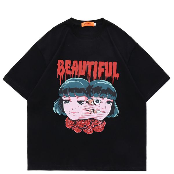 

men streetwear t-shirt hip hop anime abstract graphic t shirt harajuku cotton loose tshirt summer short sleeve tees 220707, White;black