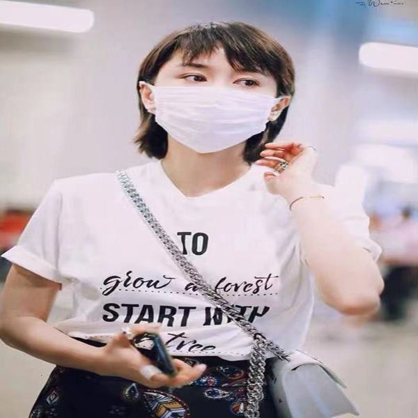 

women's t-shirt spring and summer wang ziwen same casual simple style letter printed round neck t-shirt women's, White